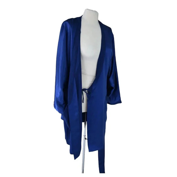 Vintage Natori Satin Navy Short Robe Medium Neiman Marcus Nightgown Belted - Picture 3 of 7